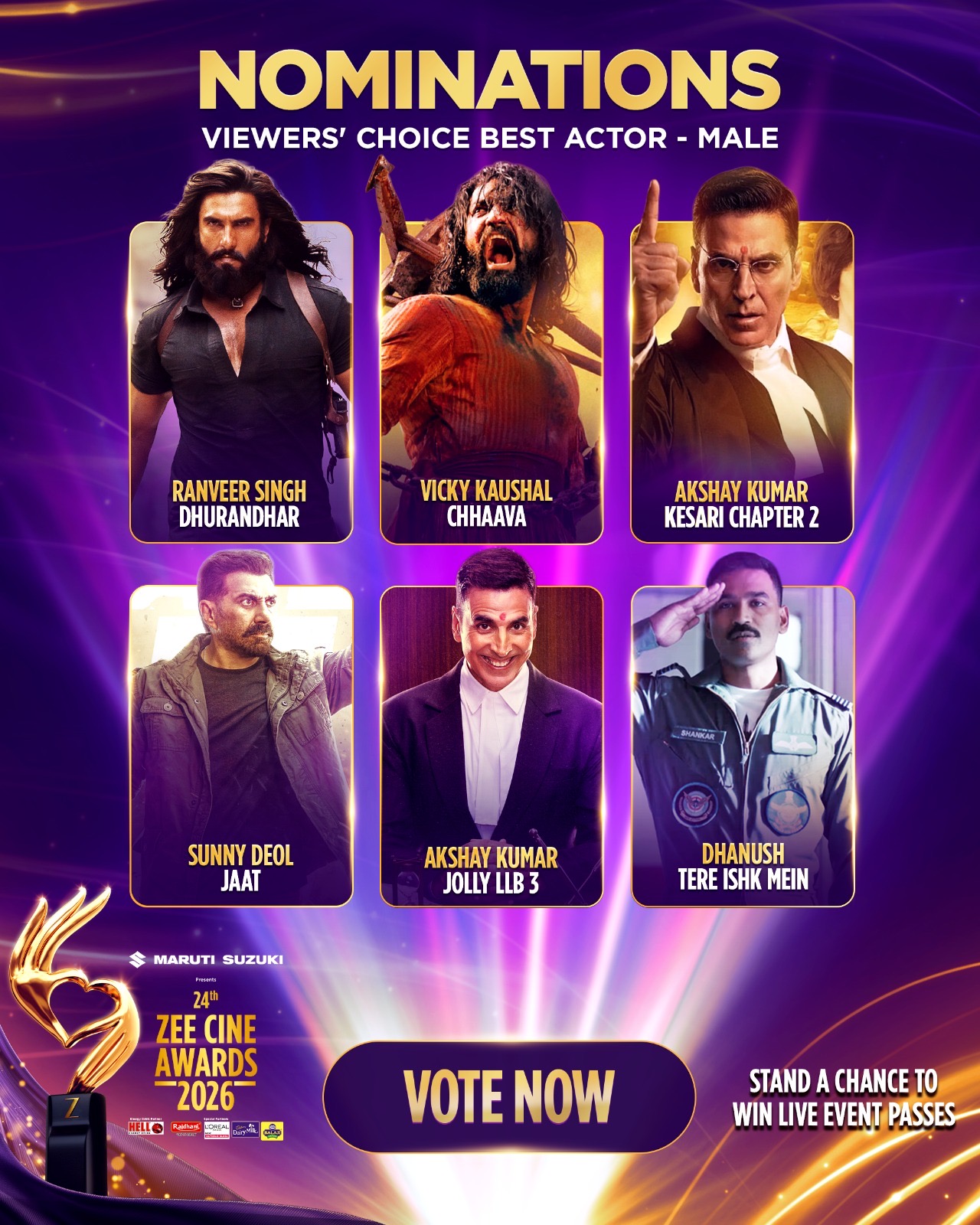 Yeh Pal Hai Fans Ka – Vote Now to Make Your Favourite Stars Win at Maruti Suzuki presents 24th Zee Cine Awards 2026The Zee Cine Awards have stood as one of Bollywood’s most prestigious platforms, celebrating cinematic excellence by honouring outstanding performances, blockbuster films, and moments that have shaped the legacy of Indian cinema. From spectacular award presentations to iconic on-stage performances, the awards have evolved into a cultural phenomenon that seamlessly blends credibility, scale, and fan love.Continuing this legacy, Maruti Suzuki presents 24th Zee Cine Awards 2026 is going live with an even bigger, bolder celebration on 28th February and 1st March at NSCI Dome, Worli, Mumbai. While the night promises dazzling performances, unforgettable moments, and the biggest stars under one roof, the heart of this year’s celebration again belongs to the fans.Taking FANtertainment to the next level with its powerful theme ‘Yeh Pal Hai Fans Ka’, Zee Cine Awards puts the spotlight firmly on the audiences who make cinema what it is. From shaping careers to turning stories into blockbusters, fans are the true force behind Bollywood—and this year, their voice takes centre stage.Adding to the excitement, Viewers’ Choice voting is now LIVE starting February 11, 2026, giving fans the power to decide the winners. Audiences can vote for their favourite films, actors, and songs across multiple platforms, including the official website, social media, the ZEE5 app, and WhatsApp. Every vote counts in celebrating the stars and stories that resonated the most.As Bollywood’s biggest night draws closer, Maruti Suzuki presents 24th Zee Cine Awards 2026, promises to be more than just an award show; it’s a shared celebration where fans don’t just witness the magic, they create it. Because when fans shine, cinema shines brighter than ever.With the voting for the much-anticipated Viewers’ Choice Categories now officially LIVE, check out the nominees and start voting to make sure your favourites take home the glory!